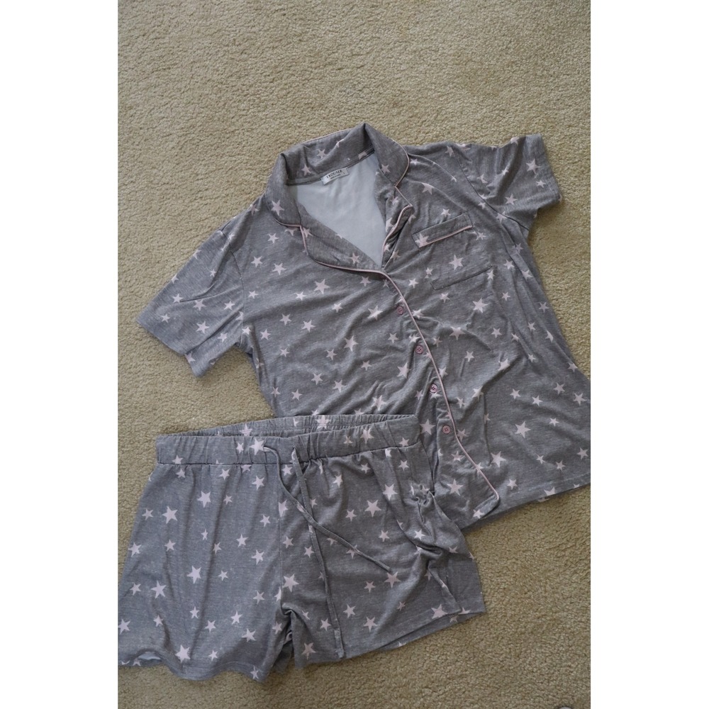 Star Print Celestial Ekouaer Pajama Set L Gray Pink Short Sleeve Button Down
